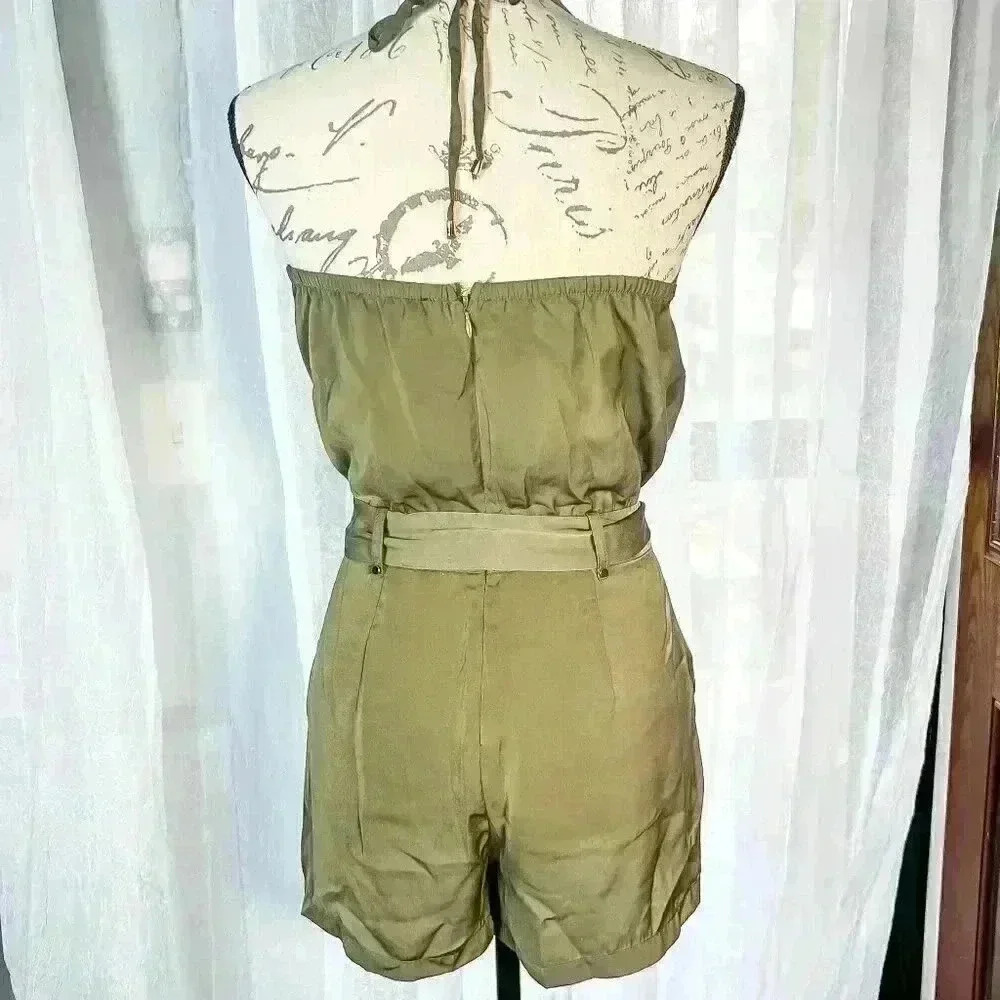 Dynamite Size XS olive green halter neck romper zip back pockets/belted - Picture 4 of 10